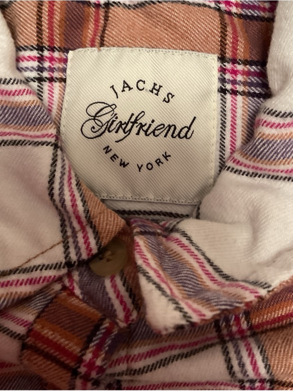 JACHS Girlfriend Pink, Tan & Brown Plaid Jean Jacket